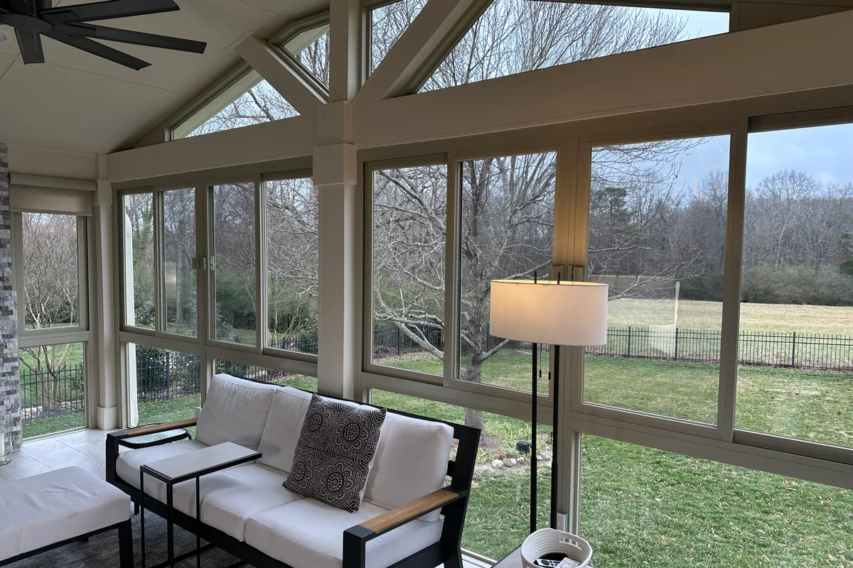 Completed glass porch enclosure detail Four Wood Matthews NC home