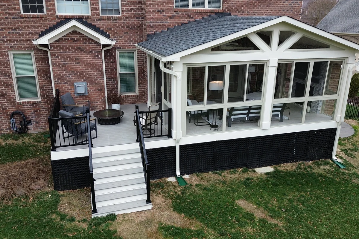 Finished 3-season glass sunroom exterior at Four Wood Matthews NC