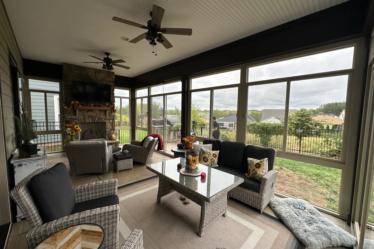 Finished 3-season glass porch enclosure exterior Stanley NC