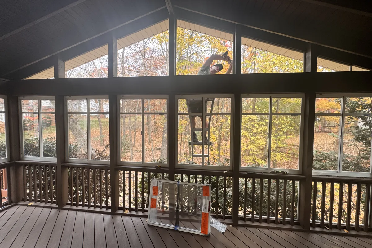 3-season sunroom vinyl film enclosure under construction in Brambleton, Charlotte