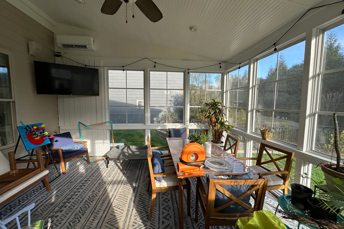 Vinyl film porch enclosure detail showing installation Indian Land SC