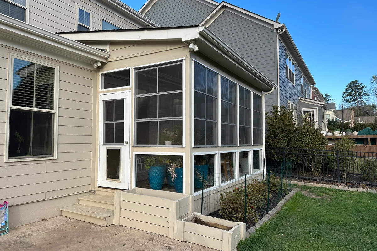 Finished 3-season vinyl film enclosure exterior Indian Land South Carolina