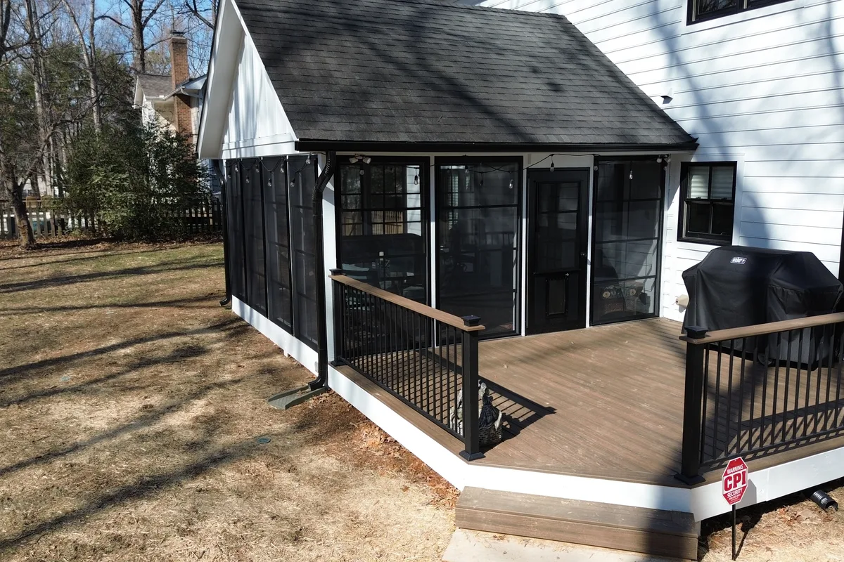 Completed 3-season vinyl enclosure trim detail Monroe NC